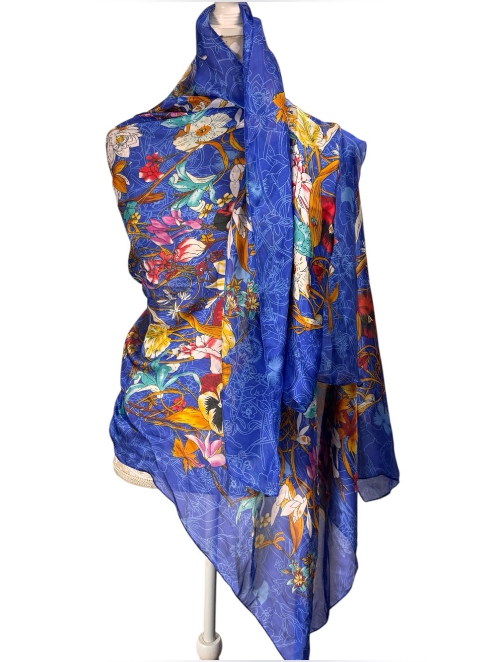 Italian Silk Scarf Botanical Bouquet Blue Floral Motif Italy Large 68" x 35"